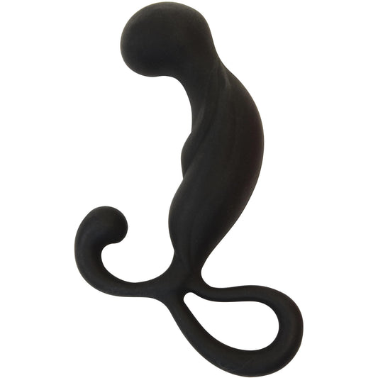 The Curve Novelties Rooster Capital P is a black, curved silicone prostate massager with a sculpted design and looped handle, crafted by Curve Novelties for optimal stimulation.