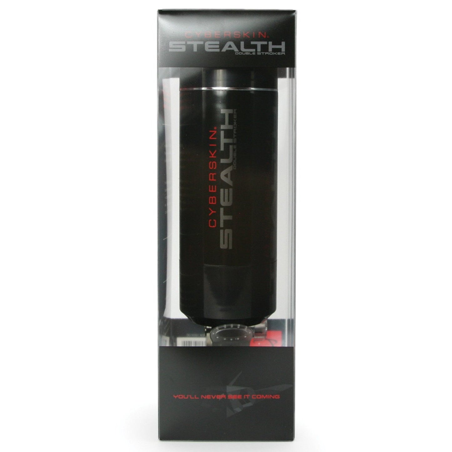 The Cyberskin Stealth Double Stroker by Adams Toy Box comes in a stylish black and gray box with a clear window, showcasing the CyberSkin inner sleeve for hands-free pleasure. Cyberskin Stealth is elegantly printed in red and gray on a plain white background.