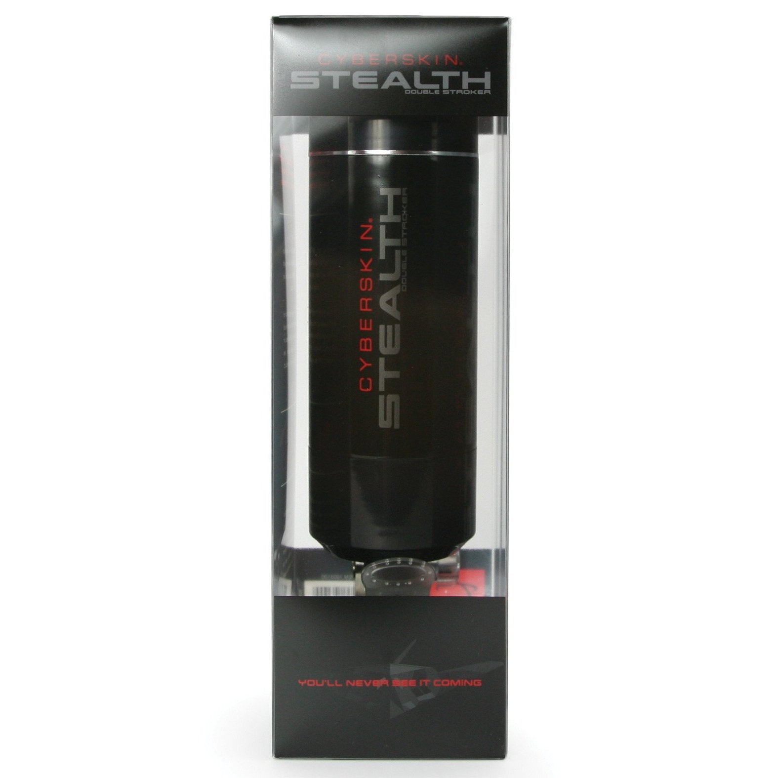 The Cyberskin Stealth Double Stroker by Adams Toy Box comes in a stylish black and gray box with a clear window, showcasing the CyberSkin inner sleeve for hands-free pleasure. Cyberskin Stealth is elegantly printed in red and gray on a plain white background.