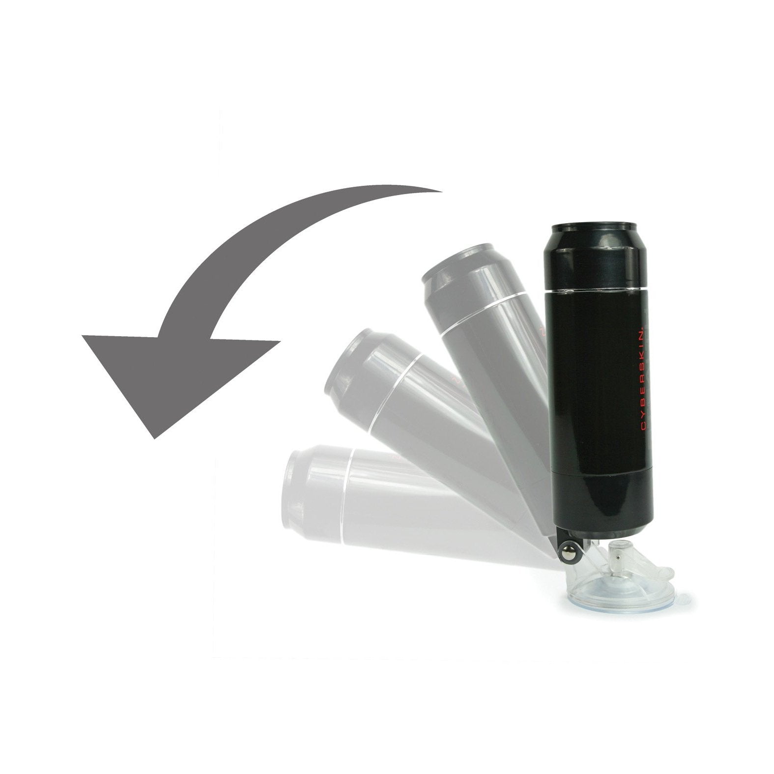 A black Cyberskin Stealth Double Stroker by Adams Toy Box is displayed at various angles on a white background, highlighting its hands-free pleasure capabilities with a suction cup base. An arrow shows movement, emphasizing its functionality.
