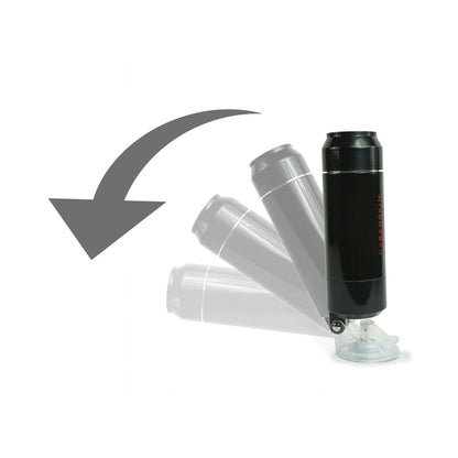A black Cyberskin Stealth Double Stroker by Adams Toy Box is displayed at various angles on a white background, highlighting its hands-free pleasure capabilities with a suction cup base. An arrow shows movement, emphasizing its functionality.