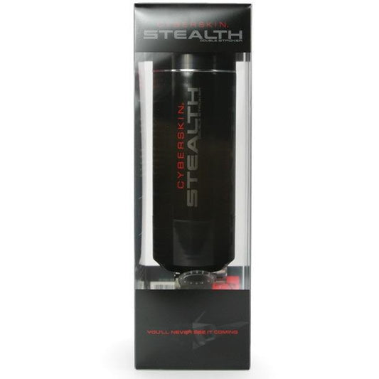 The Cyberskin Stealth Double Stroker by Adams Toy Box comes in black cylindrical packaging within a clear box adorned with red and white text. Its minimalist design guarantees hands-free pleasure, featuring the slogan Youll Never See It Coming.