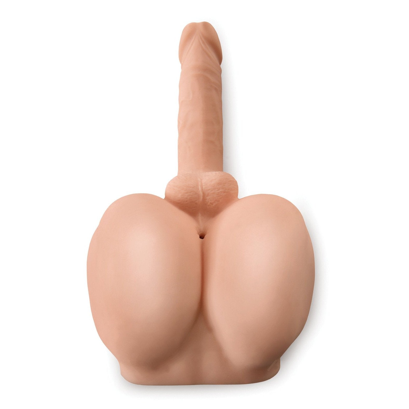 The Dirty Talk PDX Bad Boy Masturbator by Dirty Talk is a silicone novelty shaped like an inverted human posterior with a phallic extension, featuring a discreet vibrating bullet for added excitement, set against a white background.