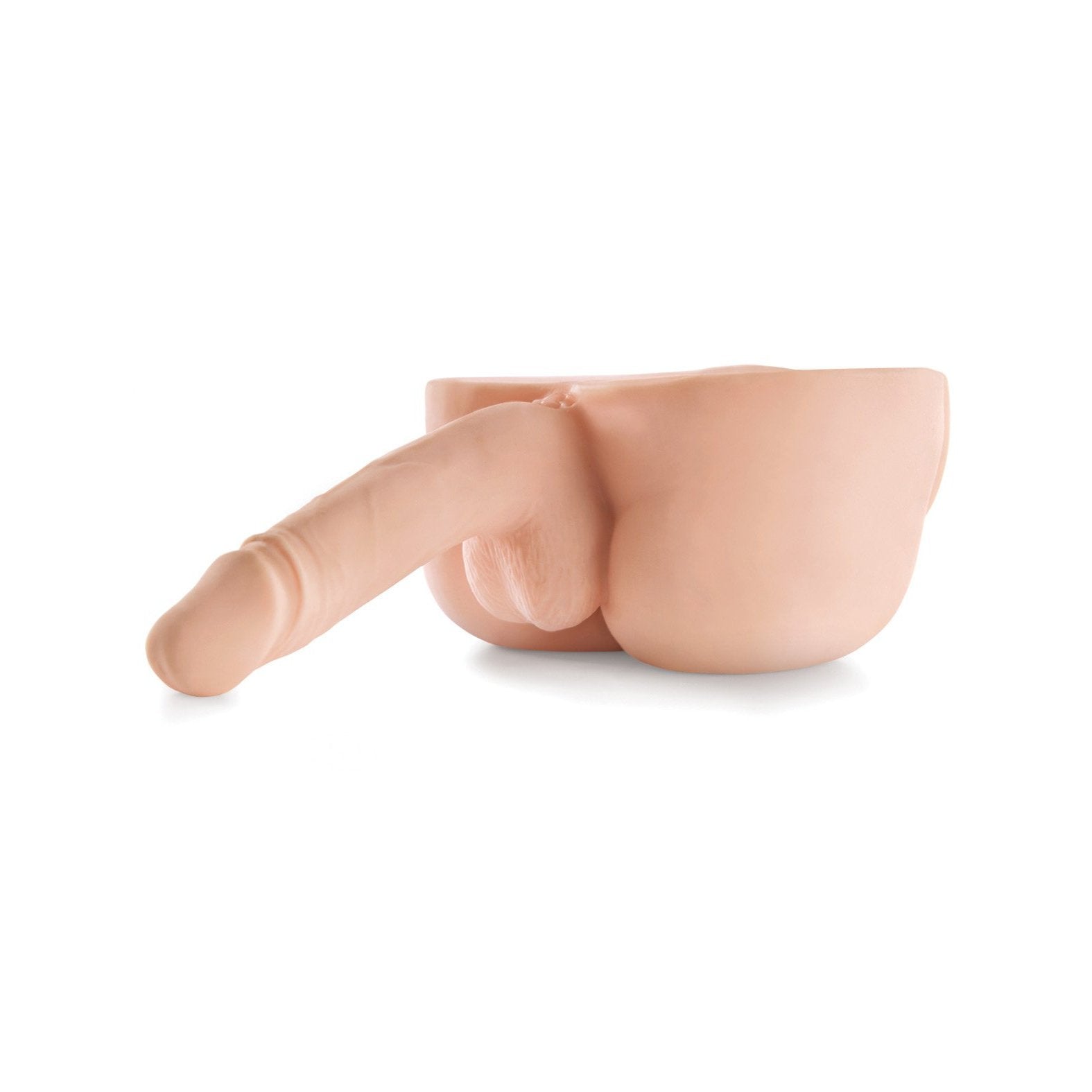 The Dirty Talk PDX Bad Boy Masturbator is a detailed, skin-toned prosthetic model of male genitalia and buttocks, resembling a Real Bad Boy. Presented against a white background, it offers an interactive experience for enhanced realism.