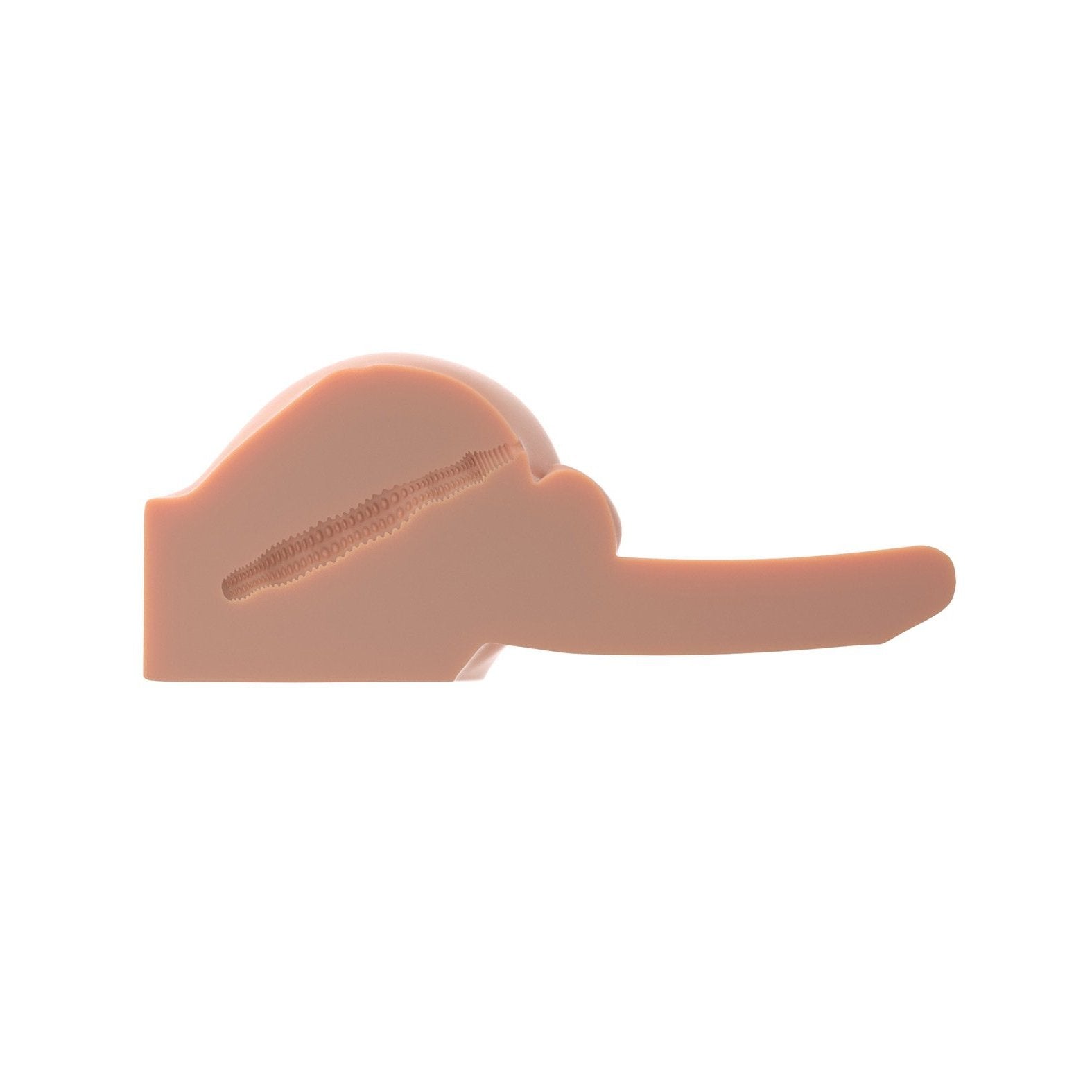 The Dirty Talk PDX Bad Boy Masturbator, by Dirty Talk, is a pink plastic banana-shaped toy featuring a cut-out section that reveals textured ribbing inside, resembling an interactive male masturbator, set against a white background.