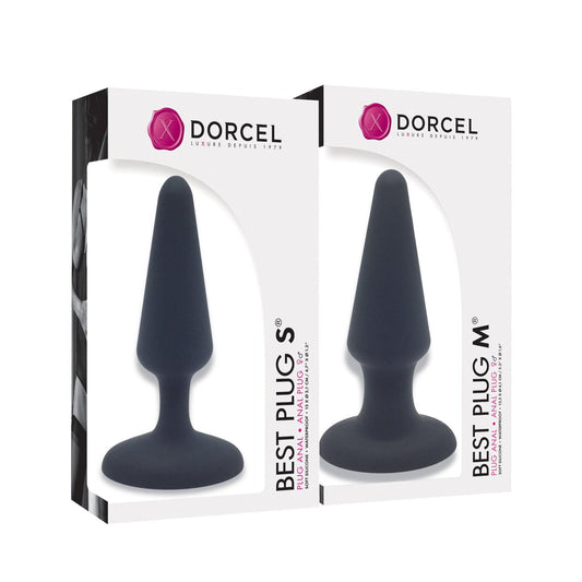 Dorcels Best Plug Starter Kit SM includes two beginner-friendly silicone plugs in a box with white packaging, a pink circular logo, and text. The plugs are visible through a transparent section on the packaging, ideal for those new to anal play.