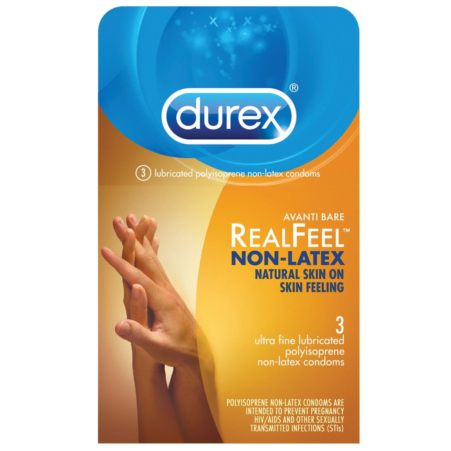 Image of Durex Avanti Real Feel Non Latex Condoms package. The orange and blue packaging has two raised hands, highlighting the natural skin-on-skin feeling with ultra-fine lubricated polyisoprene. Three condoms included for a realistic experience.