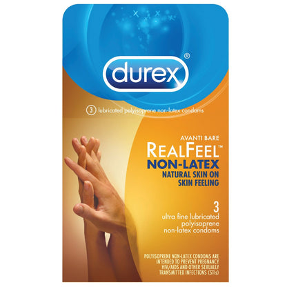 Image of Durex Avanti Real Feel Non Latex Condoms package. The orange and blue packaging has two raised hands, highlighting the natural skin-on-skin feeling with ultra-fine lubricated polyisoprene. Three condoms included for a realistic experience.