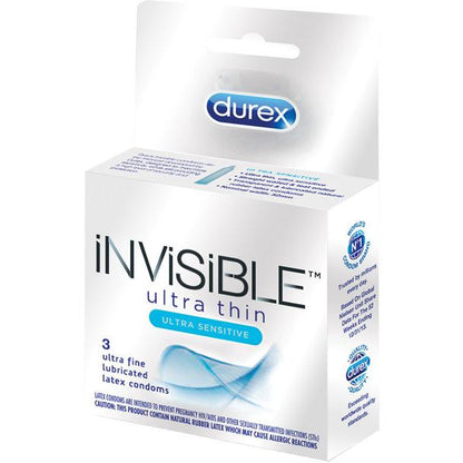 A box of Durex Invisible Ultra Thin Condoms, known as the thinnest for ultra sensitivity, contains three ultra-fine lubricated latex condoms. The predominantly white design features accents of blue and black text.