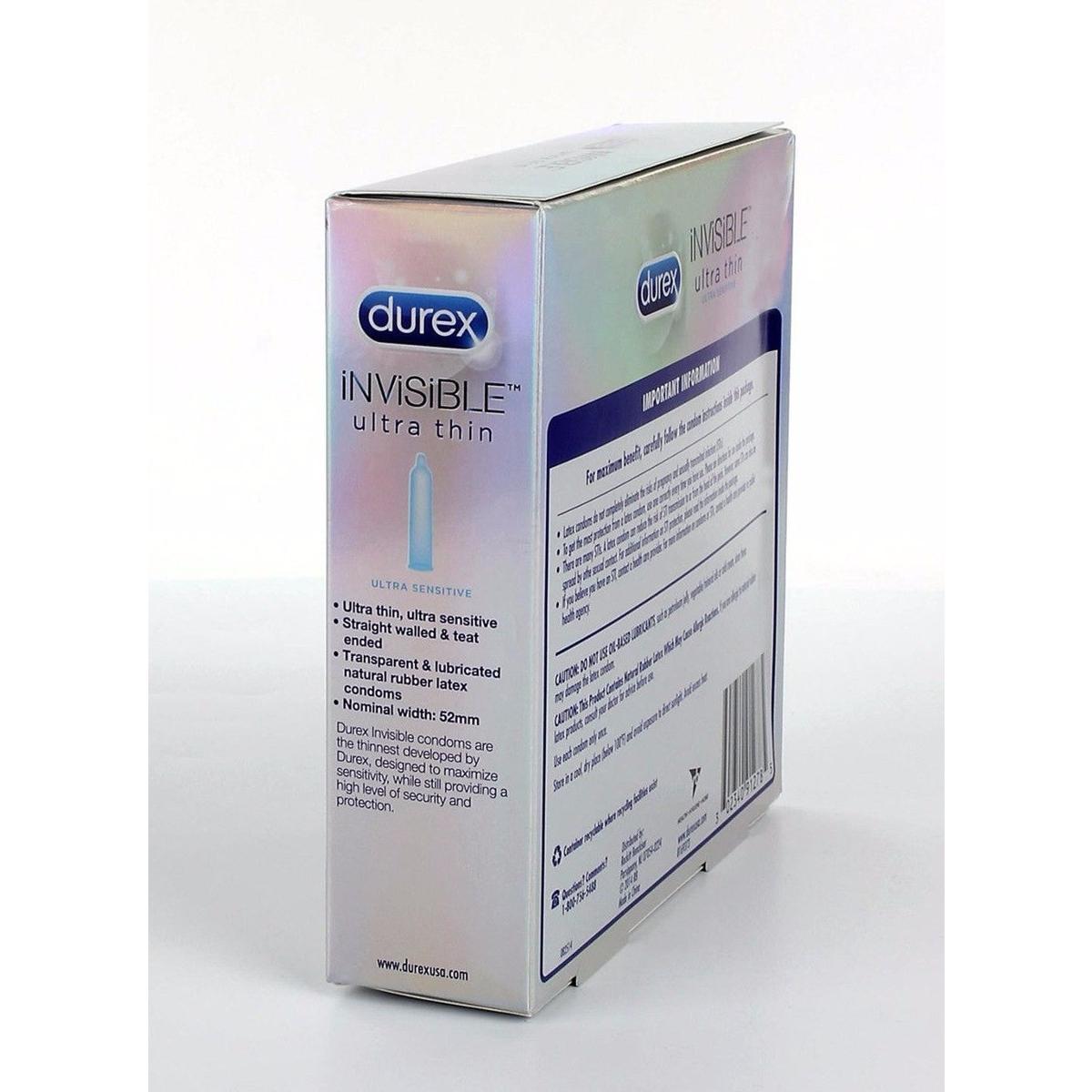 Durex Invisible Ultra Thin Condoms are ultra sensitive and straight walled, designed for enhanced sensitivity. The packaging, in English and French, highlights the ultra-thin design for heightened intimacy.