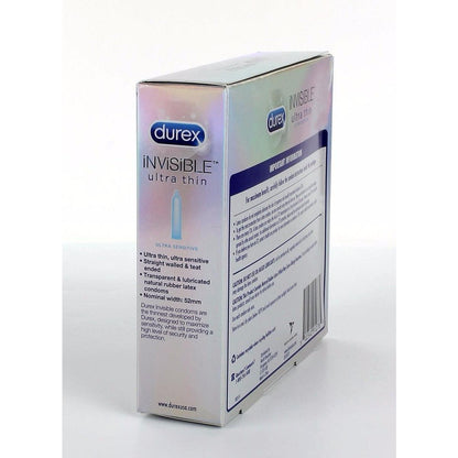 Durex Invisible Ultra Thin Condoms are ultra sensitive and straight walled, designed for enhanced sensitivity. The packaging, in English and French, highlights the ultra-thin design for heightened intimacy.