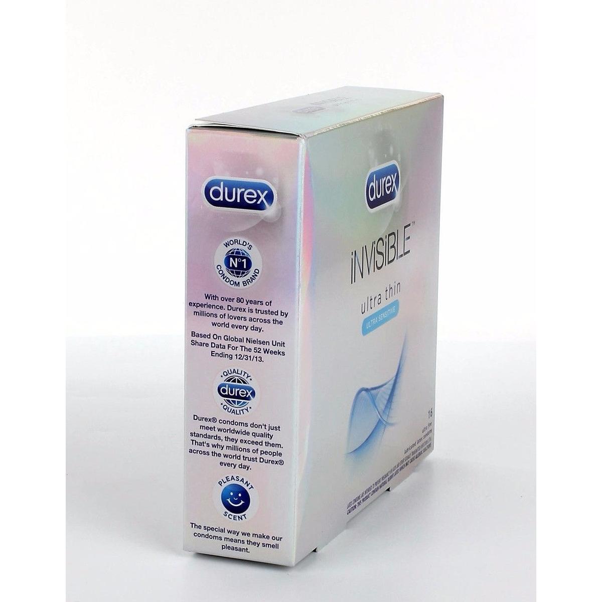The Durex Invisible Ultra Thin Condom, branded by Durex, comes in sleek silver packaging with blue accents. It highlights the logo and ultra-thin design, while quality assurance logos underscore its exceptional standards.