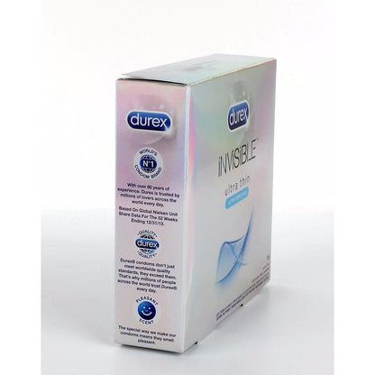 The Durex Invisible Ultra Thin Condom, branded by Durex, comes in sleek silver packaging with blue accents. It highlights the logo and ultra-thin design, while quality assurance logos underscore its exceptional standards.