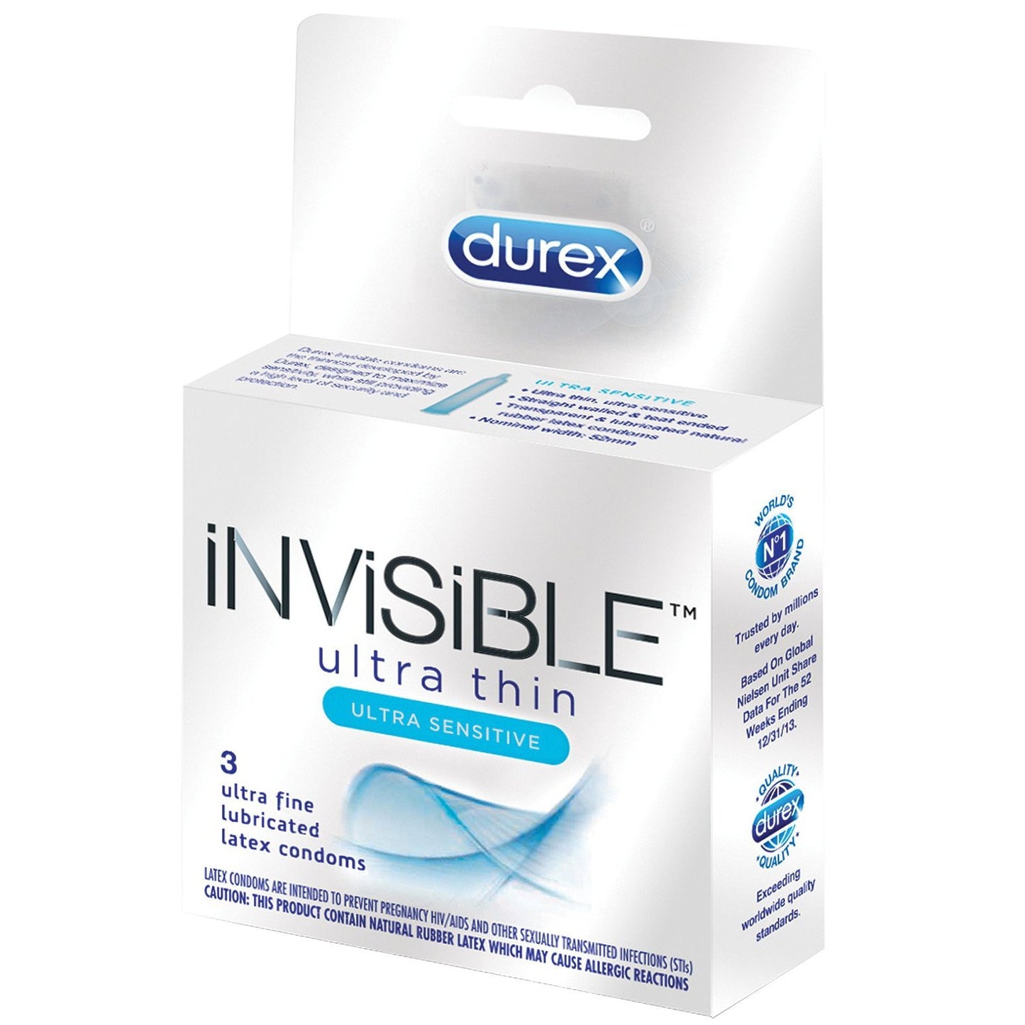 A white box of Durex Invisible Ultra Thin Condoms highlights their ultra-fine and lubricated design. The sleek blue and white packaging features latex condoms and contains three of the thinnest condoms available.
