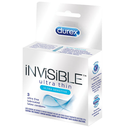 A white box of Durex Invisible Ultra Thin Condoms highlights their ultra-fine and lubricated design. The sleek blue and white packaging features latex condoms and contains three of the thinnest condoms available.