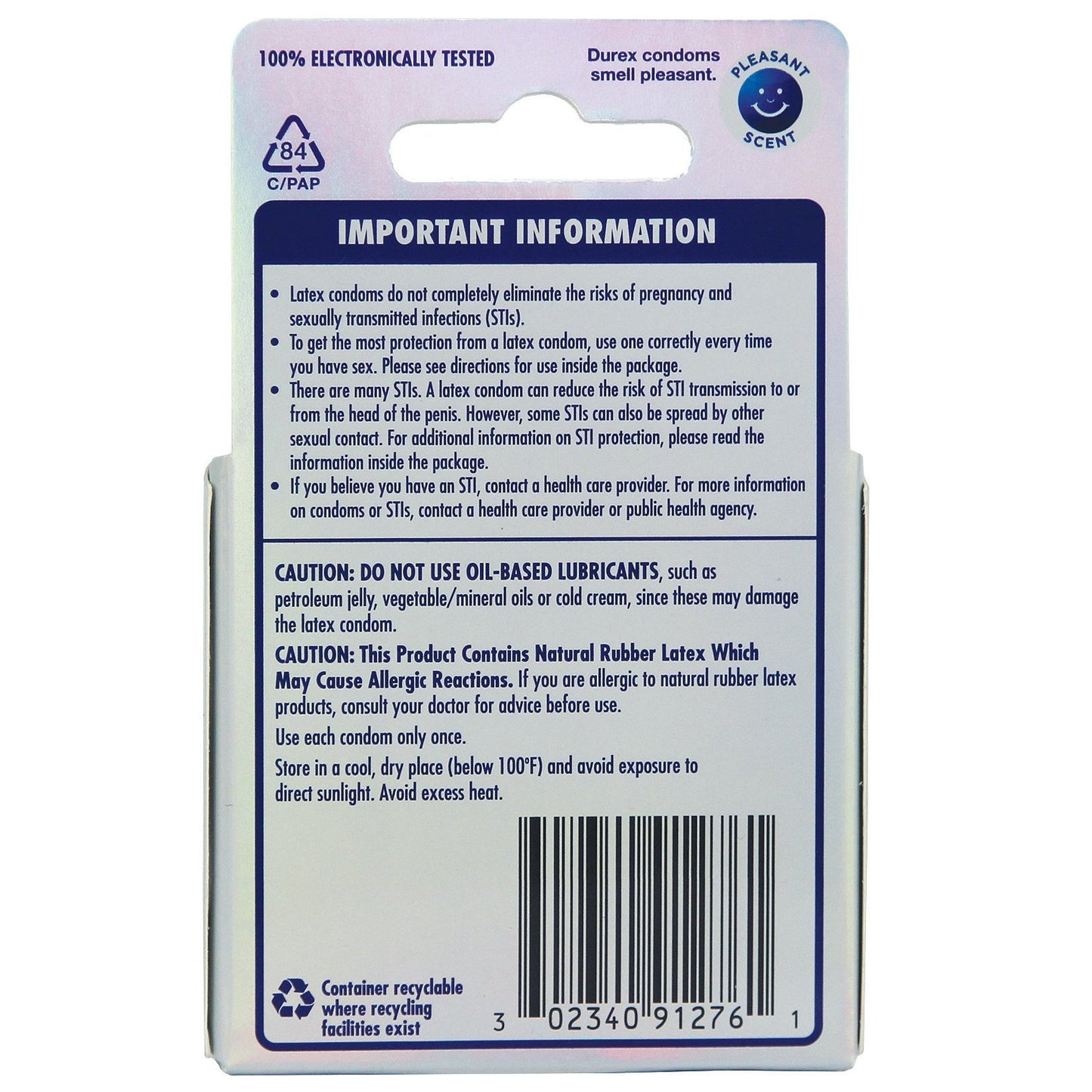 The Durex Invisible Ultra Thin Condom box includes instructions on use, STI prevention limits, allergy warnings, and advises against oil-based lubricants. It highlights heightened sensitivity and features a barcode at the bottom.