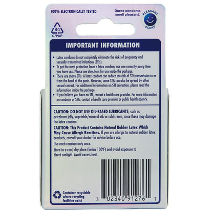The Durex Invisible Ultra Thin Condom box includes instructions on use, STI prevention limits, allergy warnings, and advises against oil-based lubricants. It highlights heightened sensitivity and features a barcode at the bottom.