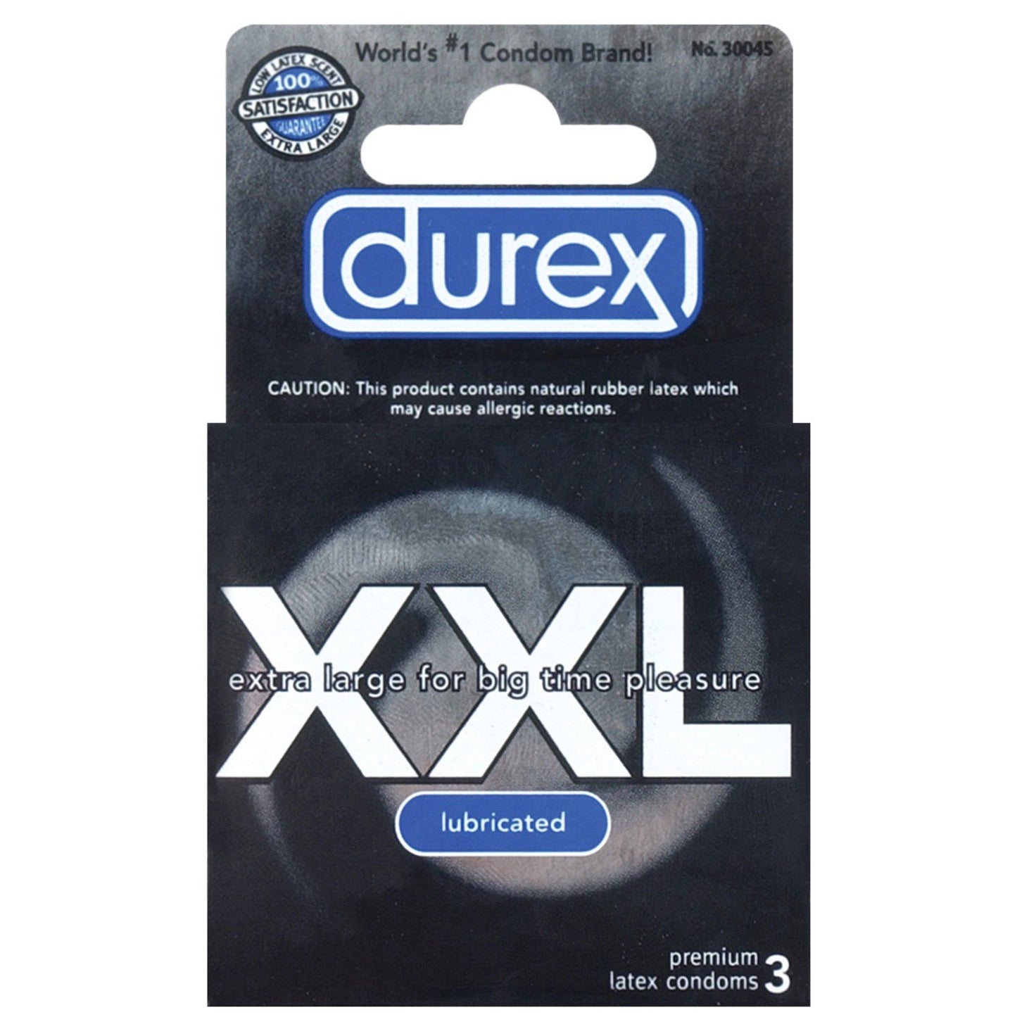The Durex XXL condoms come in a pack of three, featuring extra-large premium latex for enhanced comfort and a water-based lubricant for increased pleasure. The packaging includes a satisfaction guarantee seal from Durex.