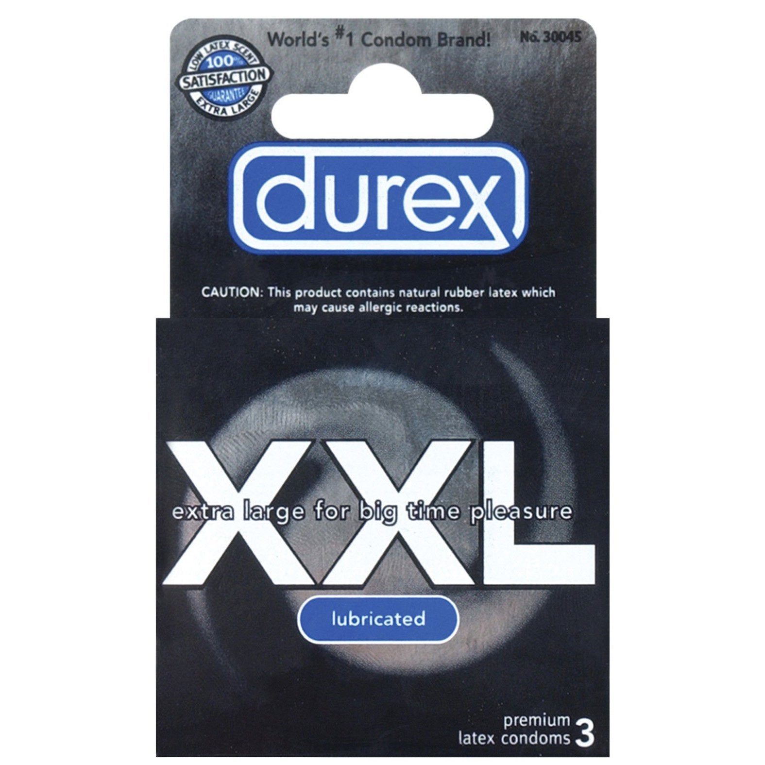The Durex XXL condoms come in a pack of three, featuring extra-large premium latex for enhanced comfort and a water-based lubricant for increased pleasure. The packaging includes a satisfaction guarantee seal from Durex.