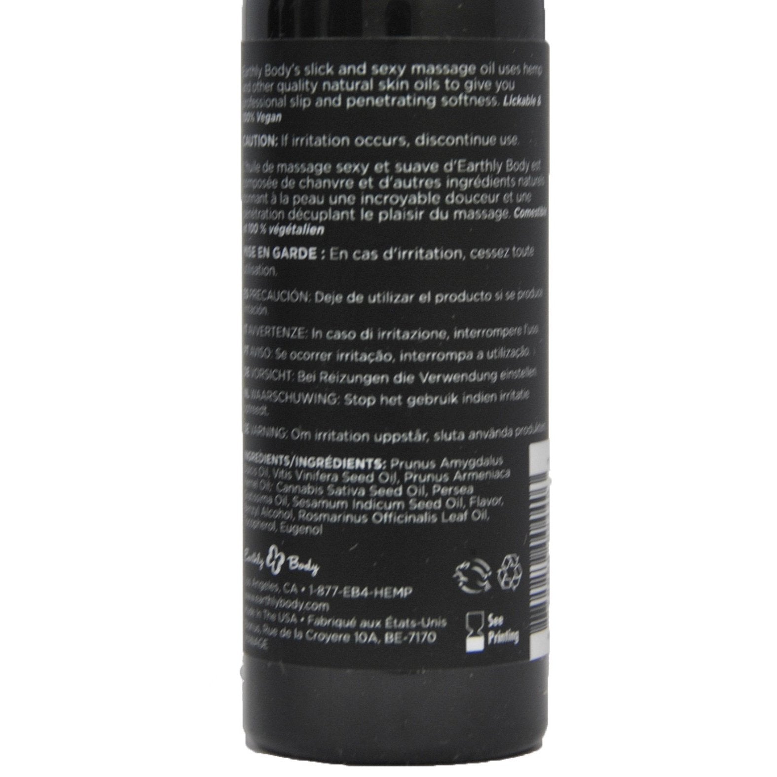 The back label of Earthly Body Edible Massage Oil Gift Set showcases a detailed description and caution, highlighting its natural skin oils like sweet almond oil and rosemary extract suitable for massage. Ingredients and notes are provided in multiple languages.