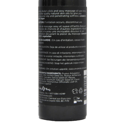 The back label of Earthly Body Edible Massage Oil Gift Set showcases a detailed description and caution, highlighting its natural skin oils like sweet almond oil and rosemary extract suitable for massage. Ingredients and notes are provided in multiple languages.