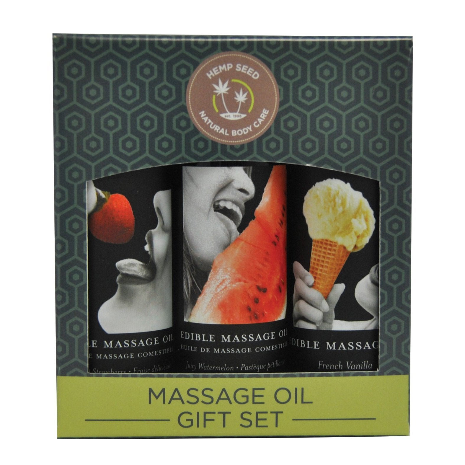 Explore the Earthly Body Edible Massage Oil Gift Set, featuring edible oils in strawberry, watermelon, and French vanilla. The packaging boasts a chic hexagonal design with Hemp Seed Natural Body Care branding for an exquisite touch.