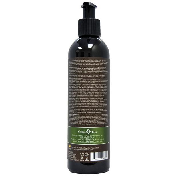The image displays a black pump bottle labeled as Earthly Body Hemp Seed Massage Lotion, featuring product details and contact information for Earthly Body, including a phone number and website.