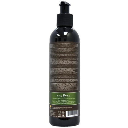 The image displays a black pump bottle labeled as Earthly Body Hemp Seed Massage Lotion, featuring product details and contact information for Earthly Body, including a phone number and website.