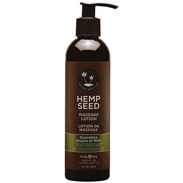 An 8 fl. oz. dark brown pump bottle of Earthly Body Hemp Seed Massage Lotion features a Guavalava scent, small leaf graphics, and a hint of lavender, promising a luxurious massage experience.