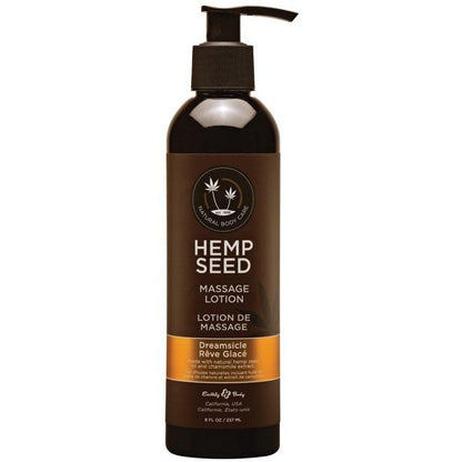 The Earthly Body Hemp Seed Massage Lotion, Dreamsicle, enriched with argan oils, promotes natural body care. It comes in a dark bottle with a pump dispenser and contains 8 fl oz (237 ml) of soothing lotion.