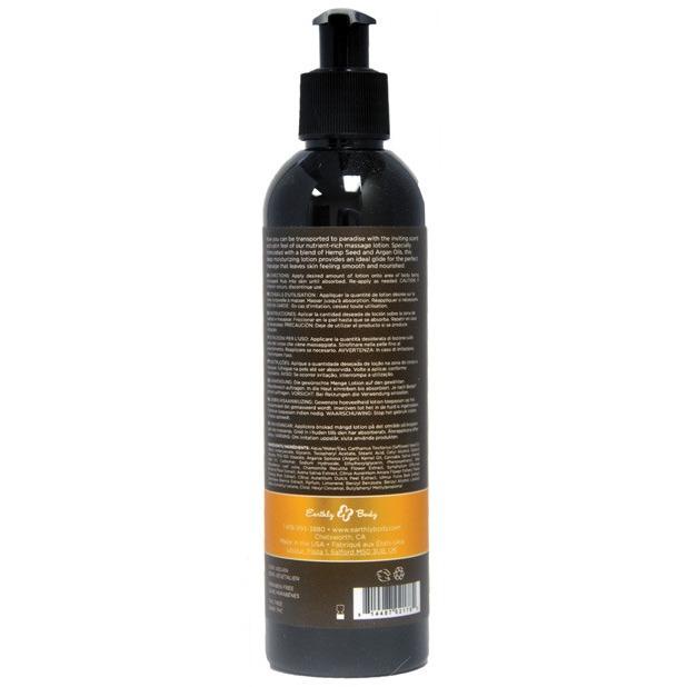 Back view of a black pump dispenser bottle containing Earthly Body Hemp Seed Massage Lotion, with white and black text on the rear label above a yellow section.