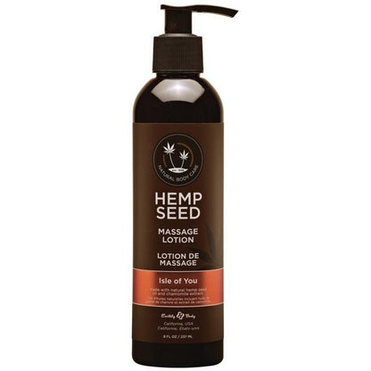 An 8 fl oz (237 ml) black pump bottle of Earthly Body Hemp Seed Massage Lotion with Argan Oils, Isle of You scent. The label has a subtle design with bold white text for the brand and product name.