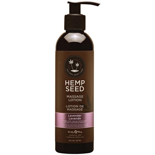 The Earthly Body Hemp Seed Massage Lotion comes in a pump dispenser bottle labeled Lavender, with a volume of 8 fl. oz. / 237 mL. The dark bottle includes nourishing Argan Oils and features a purple accent banner highlighting its soothing scent.