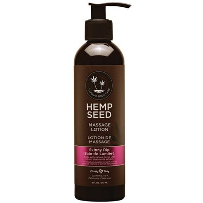 A brown bottle of Earthly Body Hemp Seed Massage Lotion with a pump dispenser, labeled Hemp Seed Massage Lotion in the Skinny Dip scent, enhanced with Argan Oils for extra nourishment, available in an 8 oz / 237 ml size.