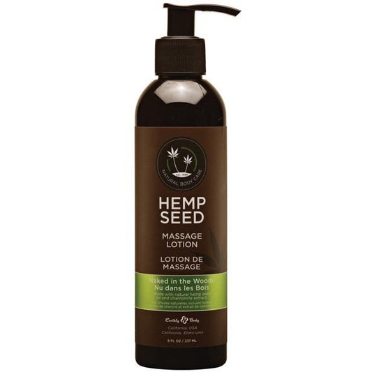 A bottle of Earthly Body Hemp Seed Massage Lotion with a pump top features brown and green labeling. Enriched with nourishing argan oils, the text includes Naked in the Woods and highlights ingredients and product benefits.
