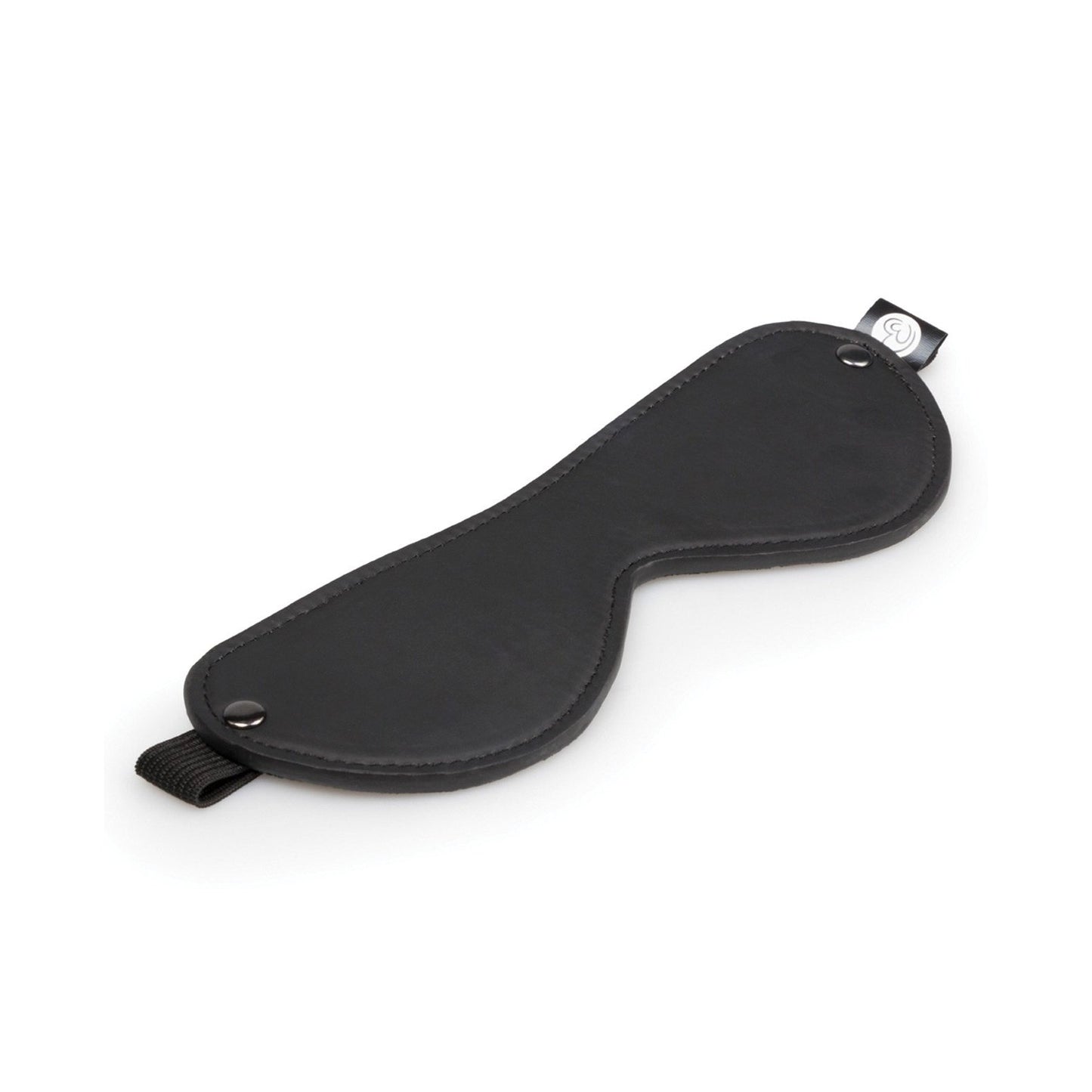 A black leather-curved sleep mask with an adjustable strap from Easy Toys sits on a white background, ideal for pairing with the Easy Toys Beginners 6 Piece Kit to enhance playful exploration.