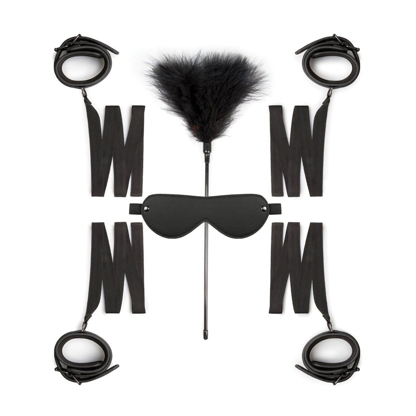 The Easy Toys Beginners 6 Piece set, featuring black cuff restraints, a feather tickler, an eyemask, and adjustable straps, is symmetrically arranged against a white background.
