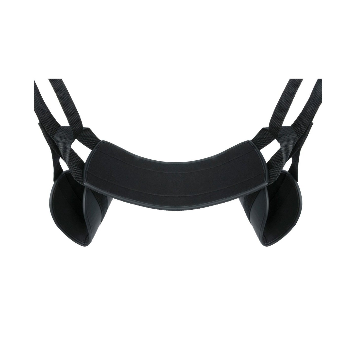 The Easy Toys Door Leg & Bum Support Over The Door Swing, by Easy Toys, is black with padded adjustable straps and ergonomic fittings for lifting assistance. The image shows its portable design against a white background, highlighting the structure and details.