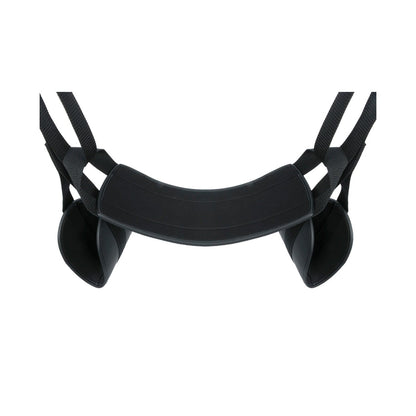 The Easy Toys Door Leg & Bum Support Over The Door Swing, by Easy Toys, is black with padded adjustable straps and ergonomic fittings for lifting assistance. The image shows its portable design against a white background, highlighting the structure and details.