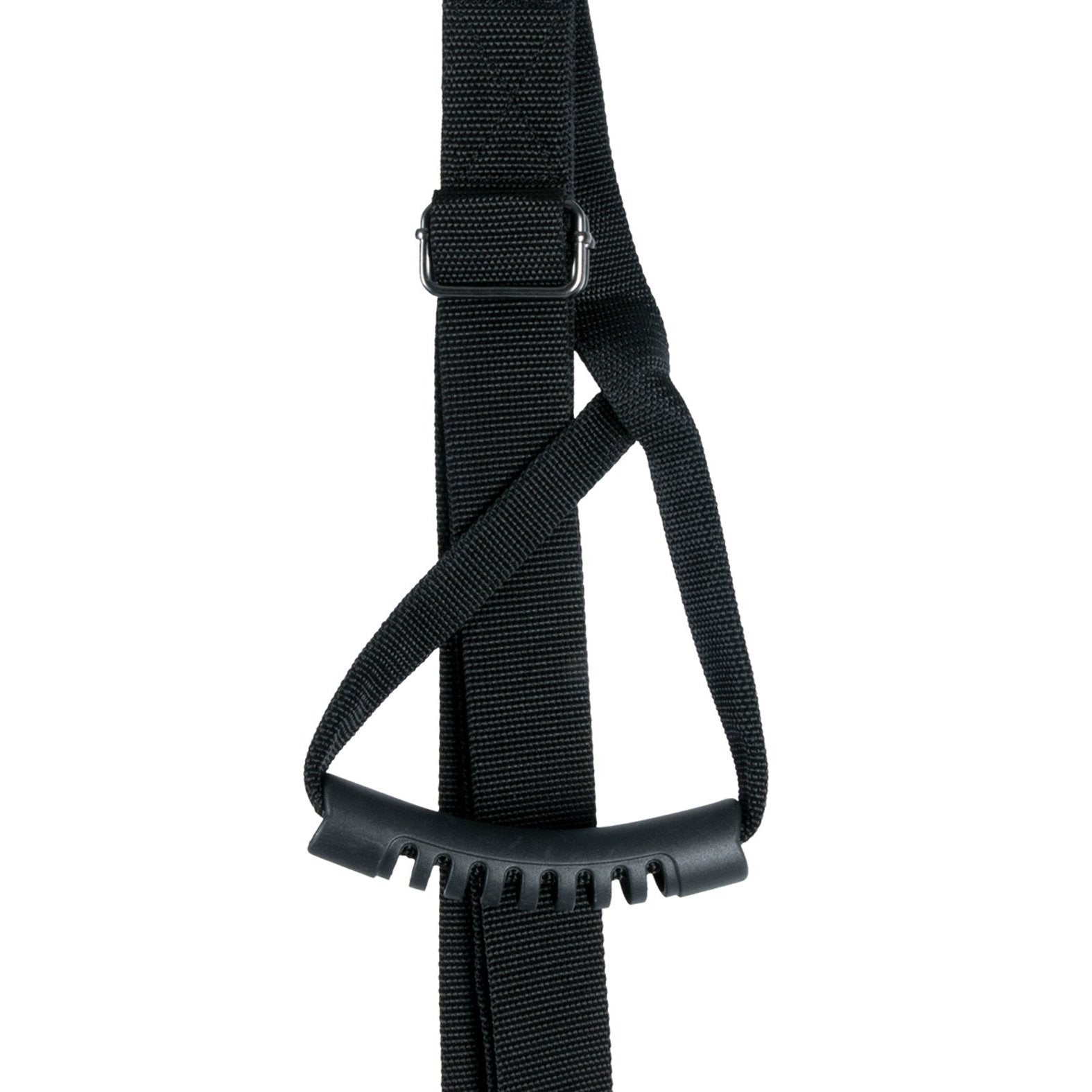 A close-up of the Easy Toys Door Leg & Bum Support shows a black adjustable strap with a plastic handle. It features a buckle for easy length adjustment, making it ideal for portable use and efficiently carrying or securing objects.