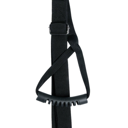A close-up of the Easy Toys Door Leg & Bum Support shows a black adjustable strap with a plastic handle. It features a buckle for easy length adjustment, making it ideal for portable use and efficiently carrying or securing objects.
