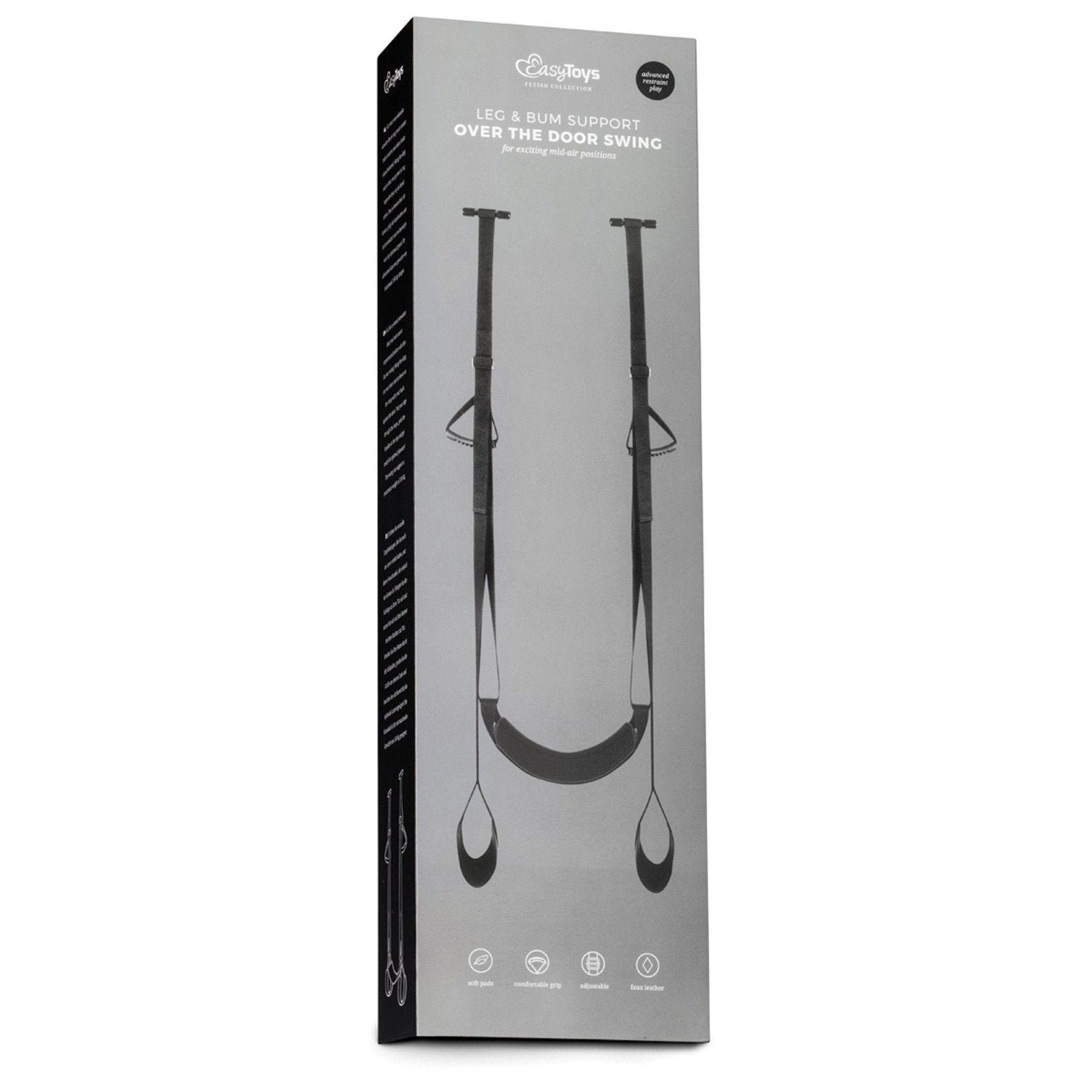 A tall box showcases the Easy Toys Door Leg & Bum Support Over The Door Swing, highlighting Easy Toys branding and product details. It features a portable design with adjustable straps and padded supports for comfort.