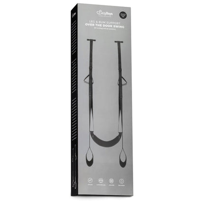 A tall box showcases the Easy Toys Door Leg & Bum Support Over The Door Swing, highlighting Easy Toys branding and product details. It features a portable design with adjustable straps and padded supports for comfort.