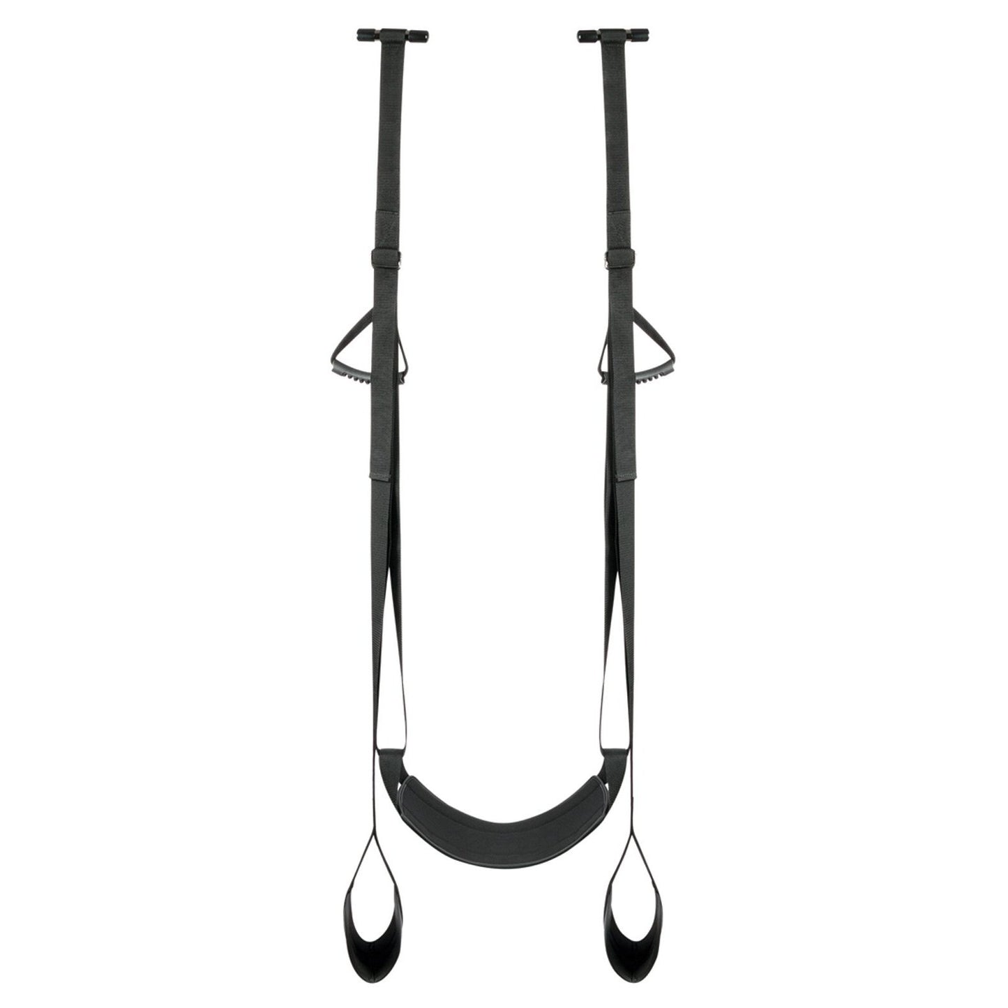 The Easy Toys Door Leg & Bum Support Over The Door Swing by Easy Toys is a portable black yoga swing with adjustable straps and handles, includes a seat, foot loops, and sturdy handles, ideal for aerial yoga or inversion therapy exercises on the go. It suspends from two points.