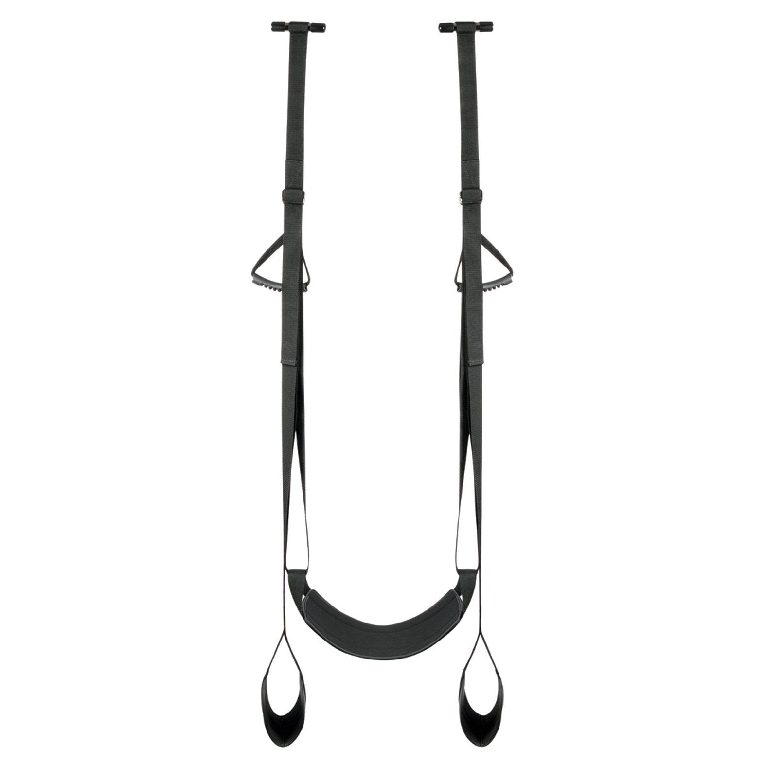 The Easy Toys Door Leg & Bum Support Over The Door Swing by Easy Toys is a portable black yoga swing with adjustable straps and handles, includes a seat, foot loops, and sturdy handles, ideal for aerial yoga or inversion therapy exercises on the go. It suspends from two points.