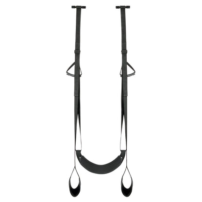 The Easy Toys Door Leg & Bum Support Over The Door Swing by Easy Toys is a portable black yoga swing with adjustable straps and handles, includes a seat, foot loops, and sturdy handles, ideal for aerial yoga or inversion therapy exercises on the go. It suspends from two points.