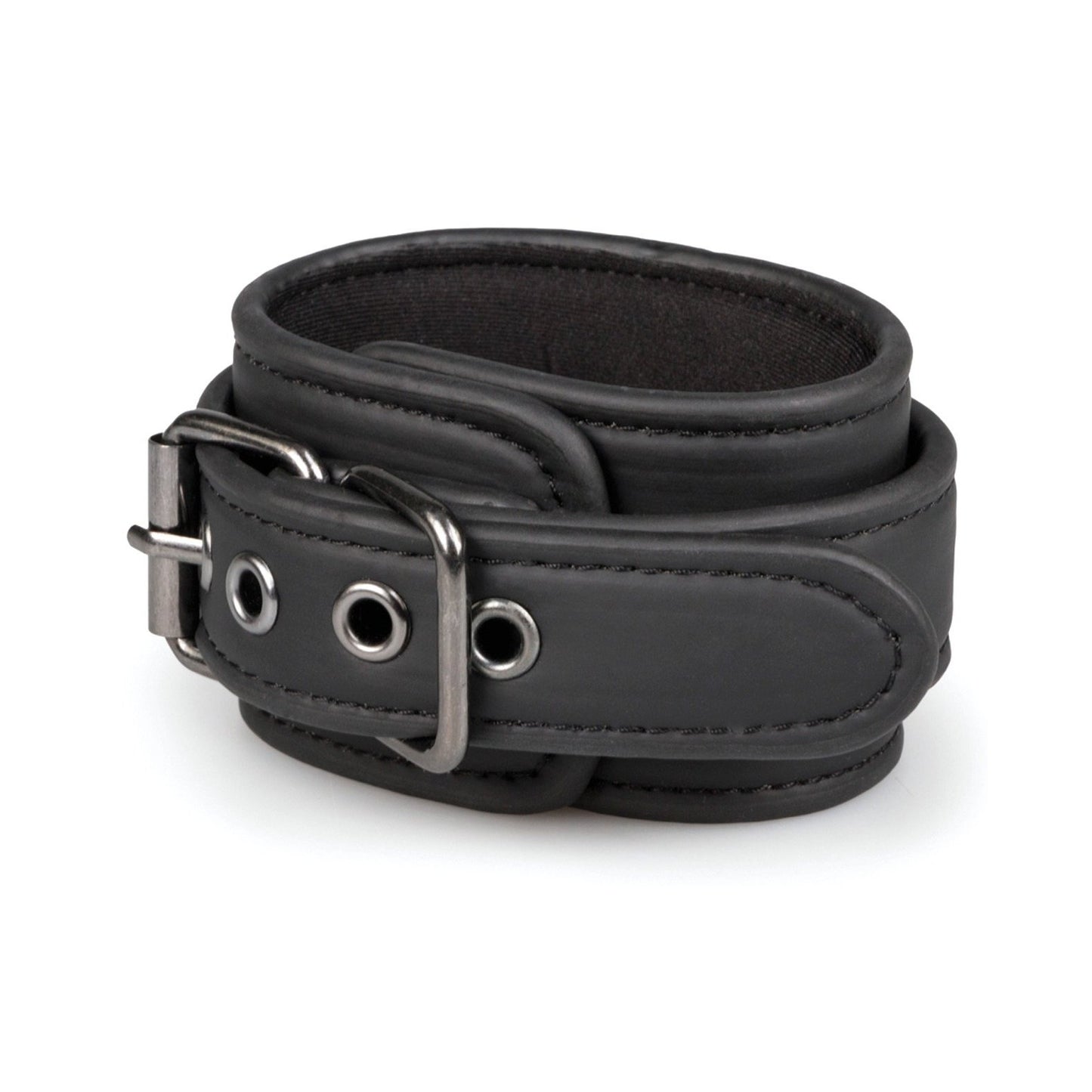 The Easy Toys Expander Spreader Bar & Cuffs Set, a black leather wrist cuff ideal for bondage gear enthusiasts, features a metal buckle and grommets, and is rolled up neatly on a plain white background.