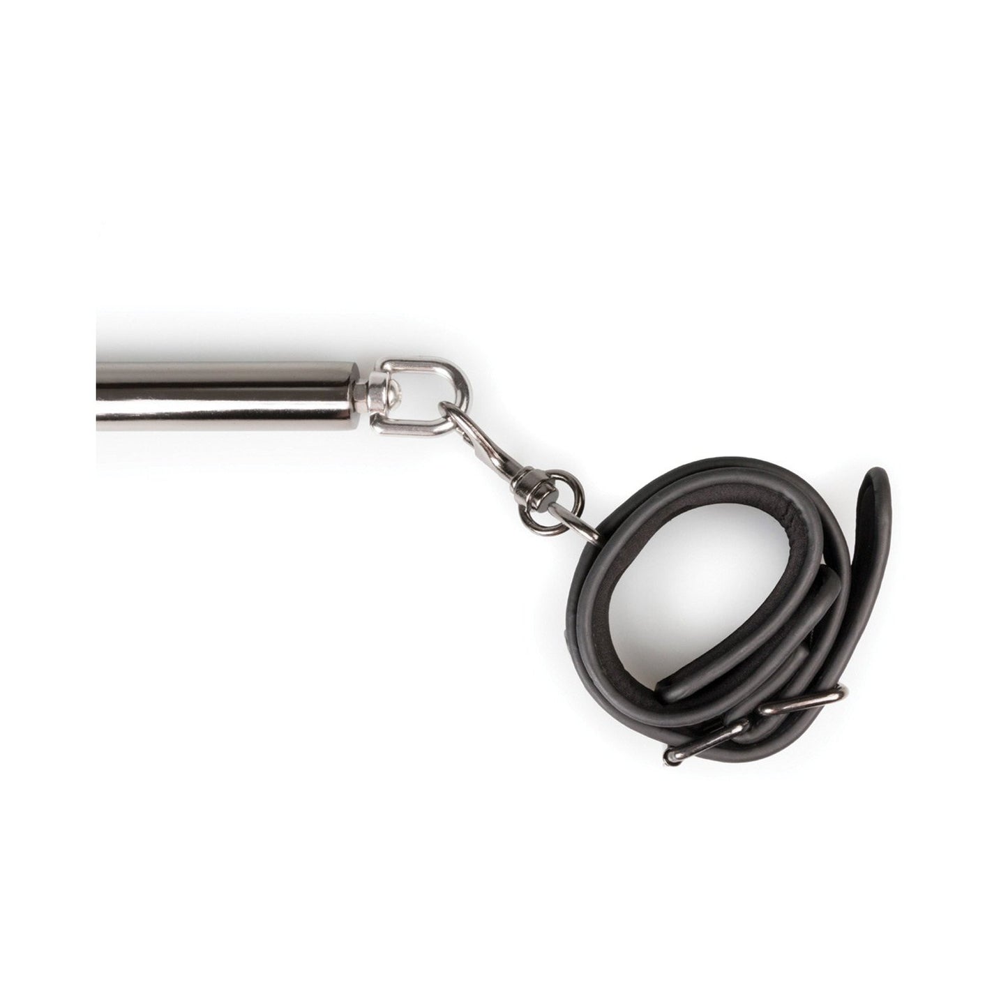 A close-up image of the Easy Toys Expander Spreader Bar & Cuffs Set shows a silver handle with a black rubber rope connected by a metal clip, reminiscent of sleek bondage gear.