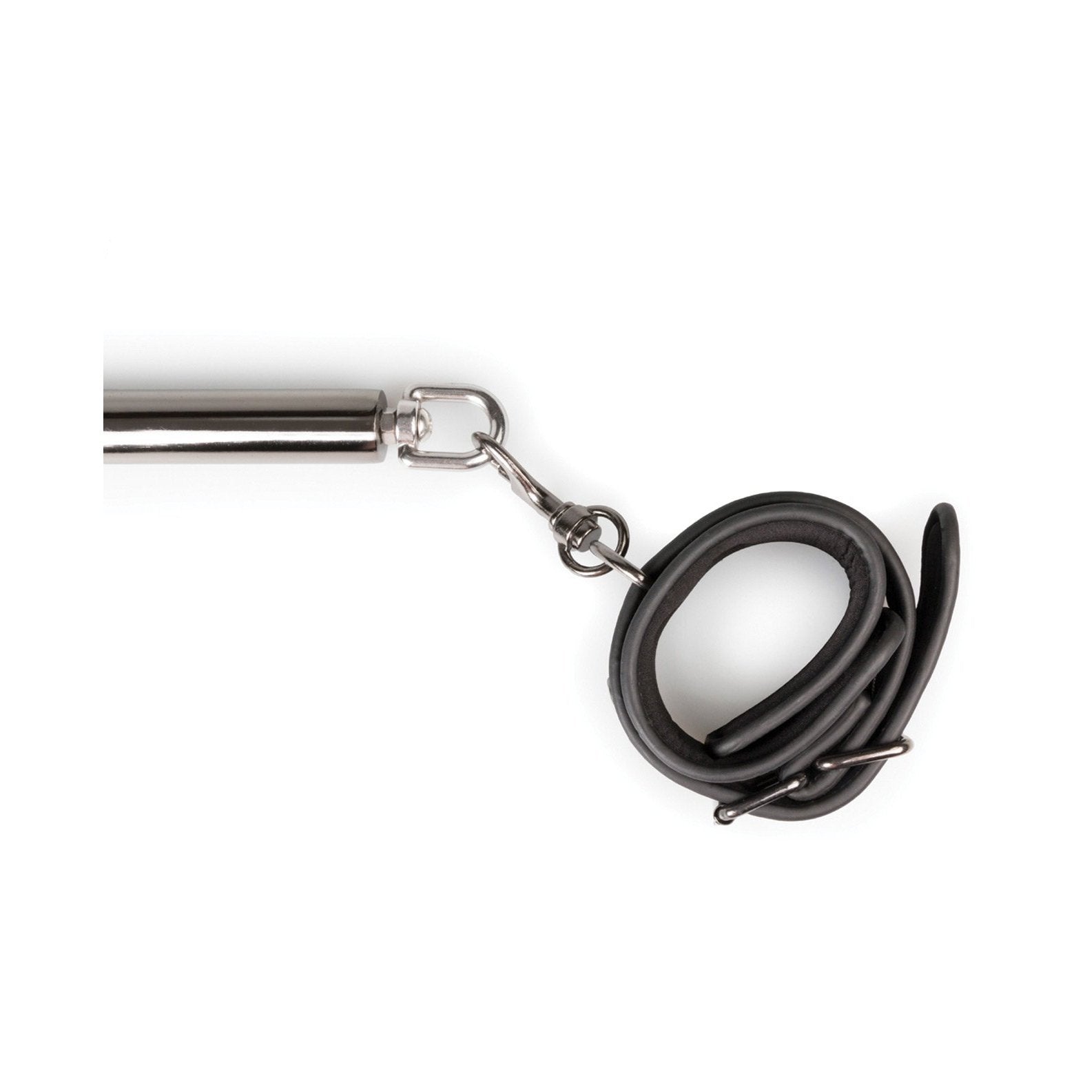 A close-up image of the Easy Toys Expander Spreader Bar & Cuffs Set shows a silver handle with a black rubber rope connected by a metal clip, reminiscent of sleek bondage gear.