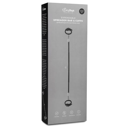 The Easy Toys Expander Spreader Bar & Cuffs Set is a must-have in bondage gear. The packaging is gray with white text, showcasing an image of the metal spreader bar and adjustable faux leather cuffs. Branding and product details are clearly visible.